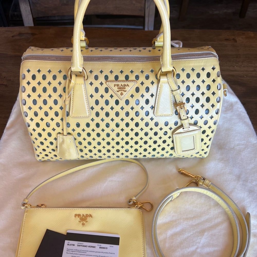 Yellow Perforated Prada Bianco in Saffiano Leather Vernice (shiny coat).